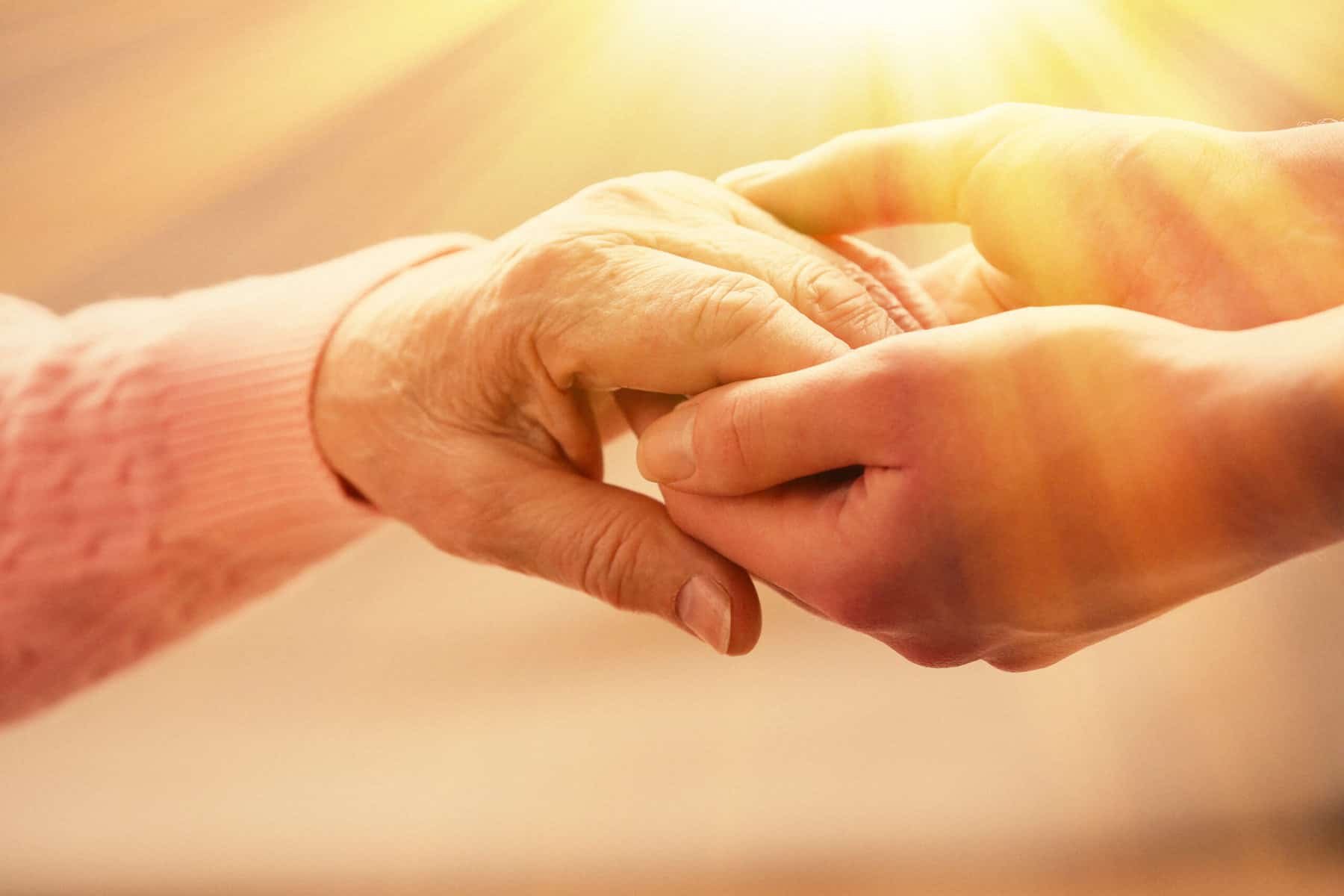 A closeup image of an older woman's hand being held by a younger pair of hands with a light and sunny background.
