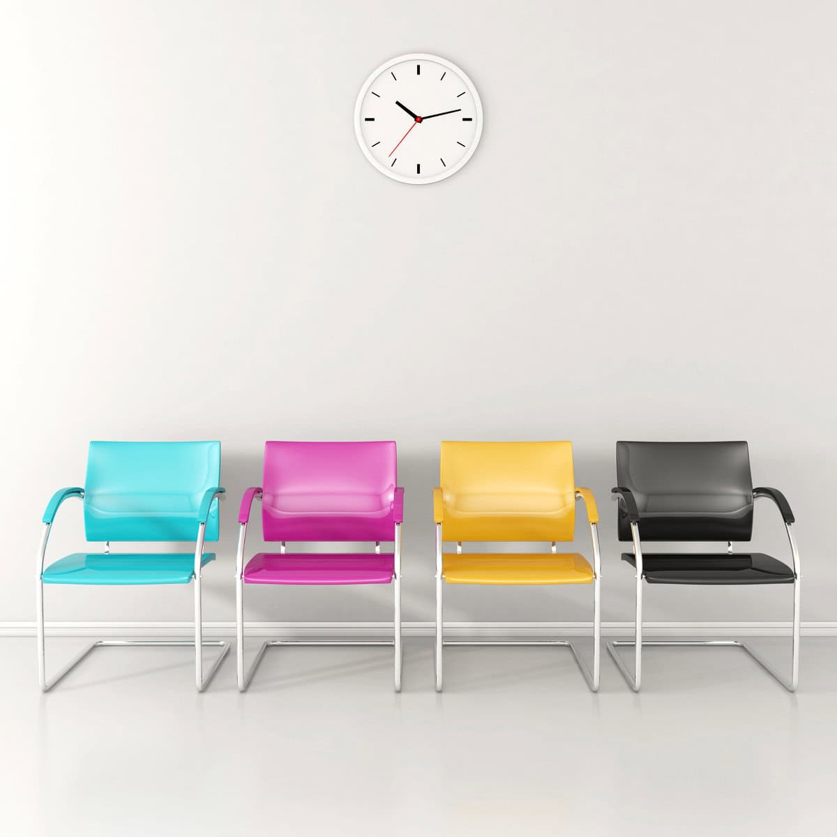 Four different chair in bright colors on a white floor with white walls and a clock.